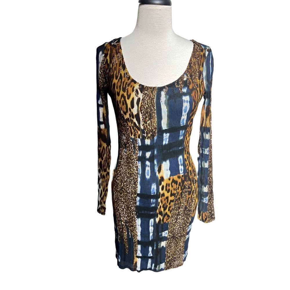 I Am Makali Alberto Makali Long Sleeve Sexy Mini Dress Animal Print Small